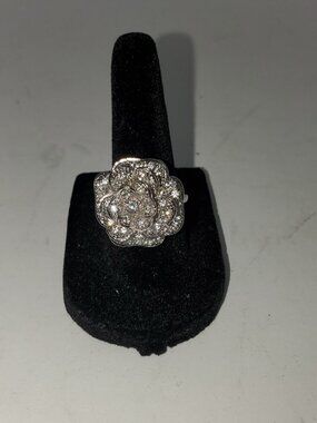 Vintage-style Silver-Tone Rose Flower Cocktail Ring, Size 7